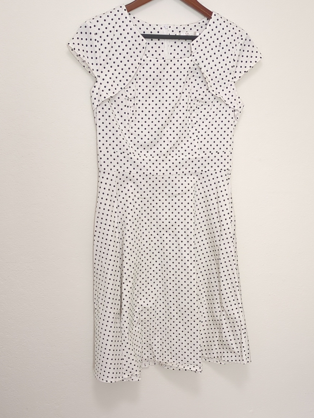 Polka Dot Cap Sleeve A-Line Dress - White with Black Dots